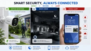 Smart security camera features including motion detection night vision and mobile alerts