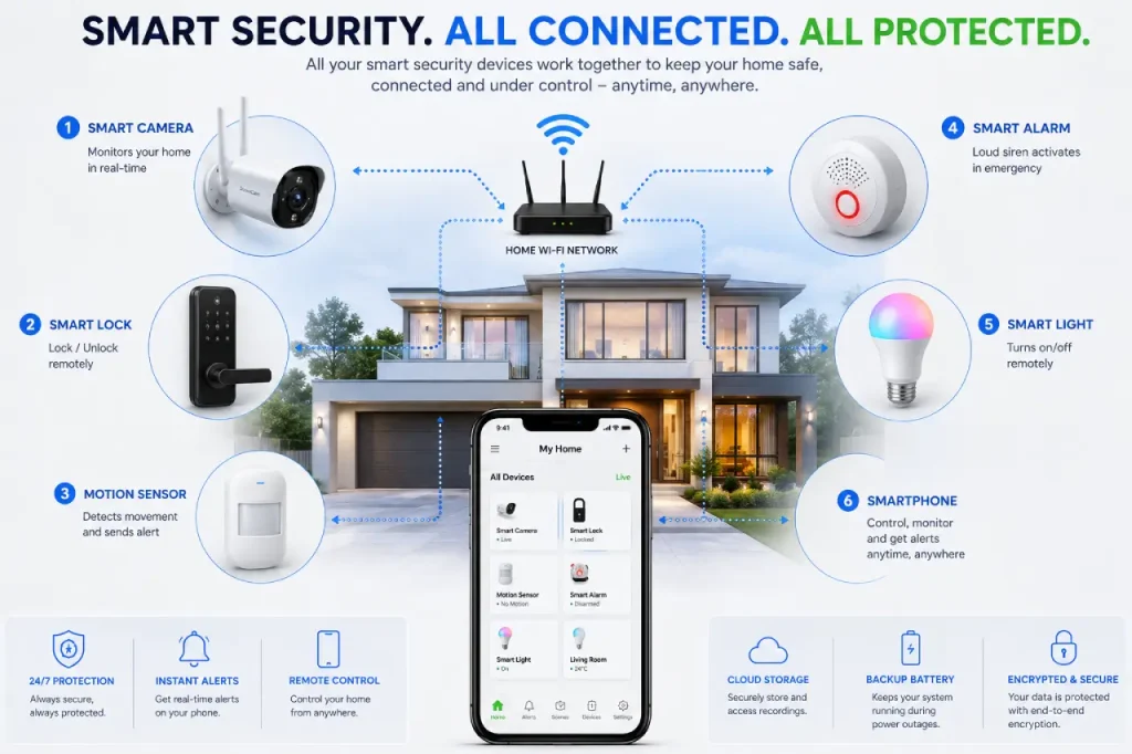 Smart security camera connected with smart locks sensors alarms and home automation