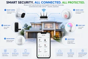 Smart security camera connected with smart locks sensors alarms and home automation