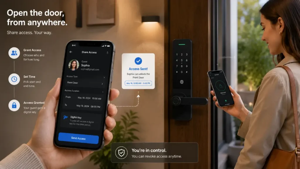 smart door lock on modern home entrance with smartphone security