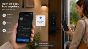 smart door lock on modern home entrance with smartphone security