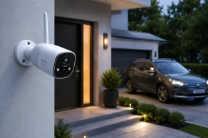 Smart security camera monitoring a home entrance
