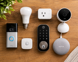 A collection of common smart home devices including smart bulbs, plugs, cameras, and sensors arranged on a wooden table.