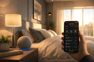 A modern living room with smart lighting controlled via a smartphone app on a coffee table.