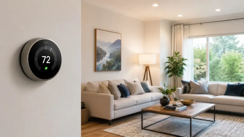 Smart thermostat controlling home temperature in a modern living room