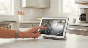 Close-up of a person's hand tapping a sleek smart home touch display on a kitchen counter, showing a live security camera feed of a front porch and weather details. Clean, bright kitchen background, modern lifestyle tech photography.