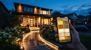 Exterior view of a modern smart home at twilight with lights activated automatically as a person arrives.