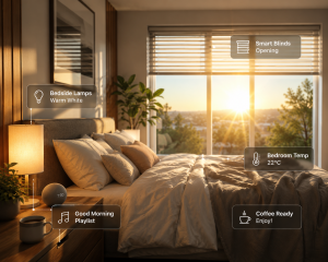 A sunlit modern bedroom showing an automated morning routine with smart blinds opening and bedside lights glowing.